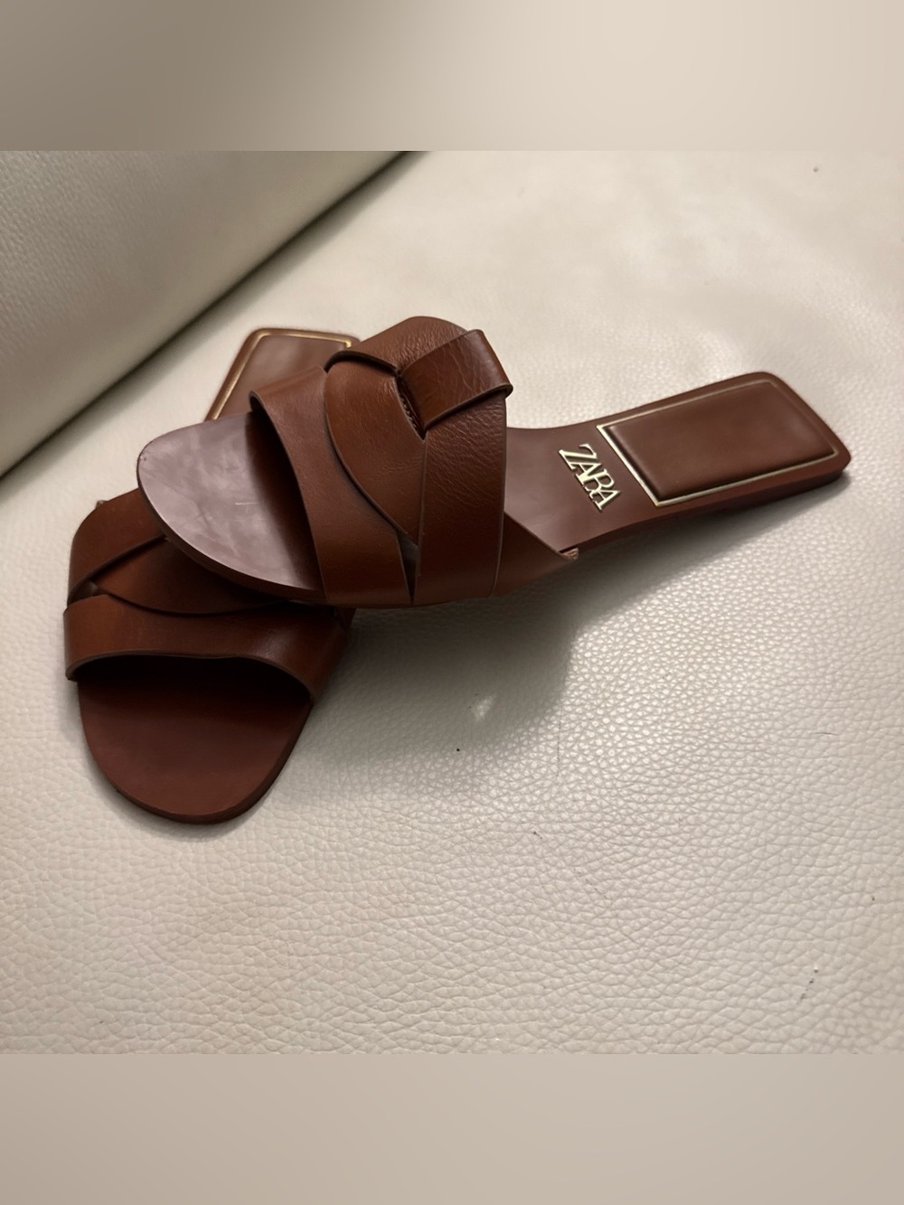 Zara FLAT CROSSED LEATHER SANDALS Brown Slide Sz. 38 - Picture 10 of 11